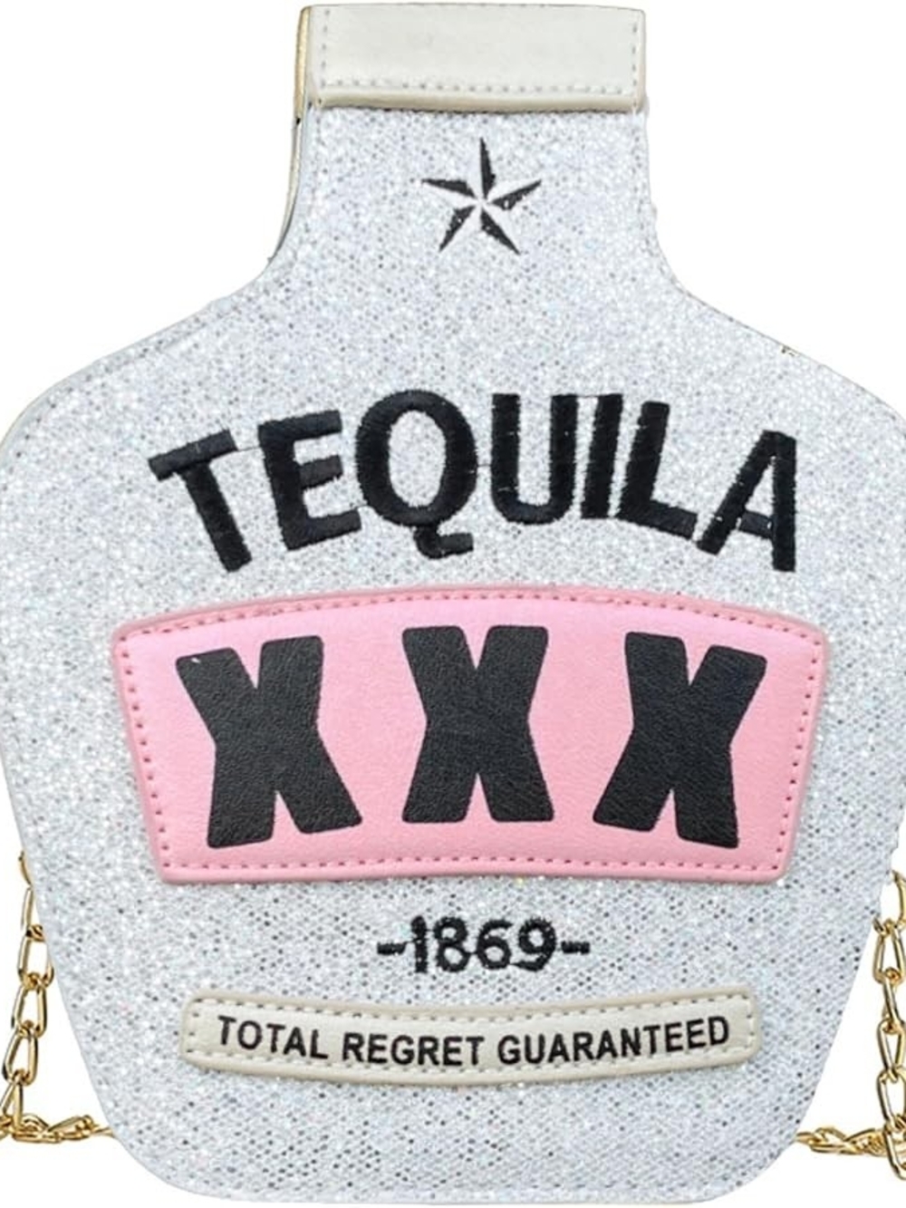Glitter Tequila XXX Novelty Crossbody Bag in White and Pink